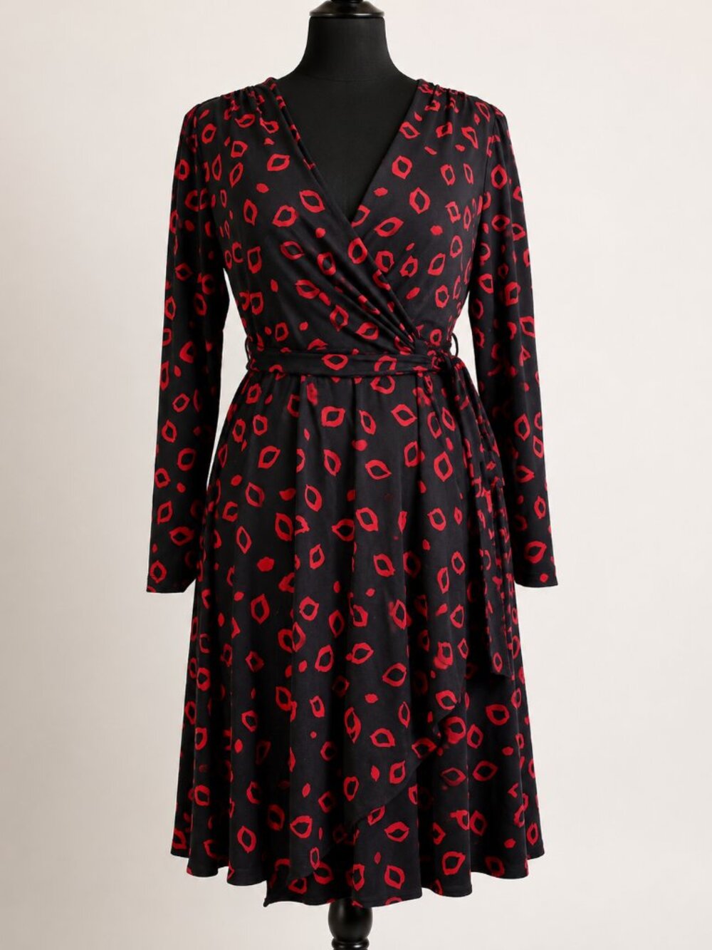 Vintage Vicky Tiel Lip Print Jersey Wrap Dress 2X/XXL  Black Red Graphic Stretch
